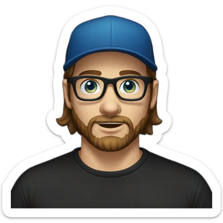 guy with straight long brown hair and blue eyes and transparent glasses and with beard and wears black tshirt and wears black cap sticker