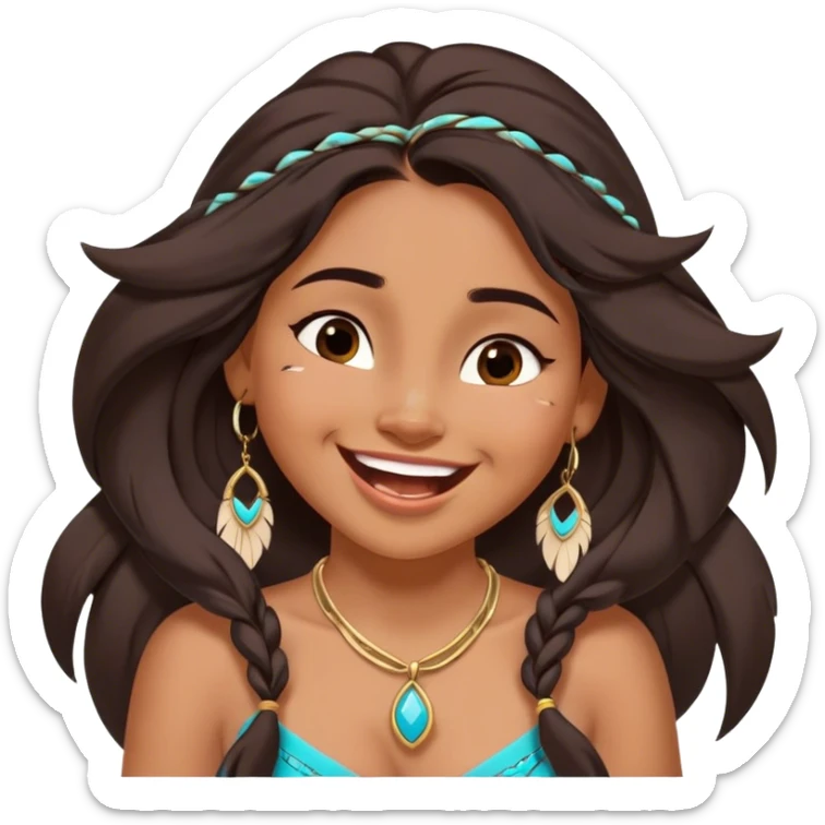 Cinematic Adorable Pocahontas Portrait Emoji, Laughing softly as Meeko tugs at her necklace, hair tousled in the wind, eyes full of warmth, a carefree spirit shining through, capturing the essence of beauty and playfulness! sticker