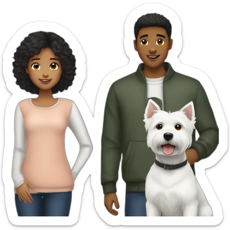 family photo included west highland white terrier boy 21 years old with short haircut and girl 24 years old with black hair sticker