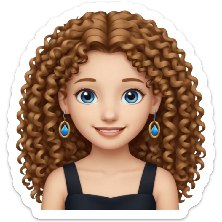 Girl with long light brown curly hair, blue eyes, black dress, hoops earrings. sticker