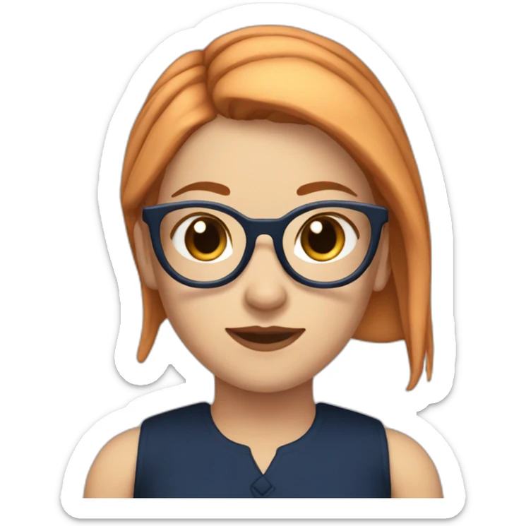 white girl with dark blue red hair with ponytail and glasses with a black top sticker