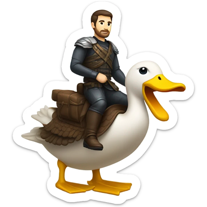 Confident armored White Man with dark brown hair and a short beard riding on the back of a giant duck sticker