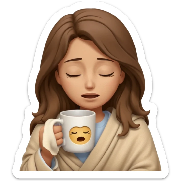 emoji-style illustration of a crying relaxed woman with long wavy brown hair, wrapped in a cozy beige blanket, holding a mug cup, eyes closed, sad and a bit anxious expression, soft 3D cartoon rendering, warm and comforting mood, plain background
 sticker