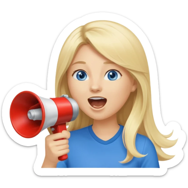  blue eyes blonde girl yelling into megaphone smiling long hair sticker