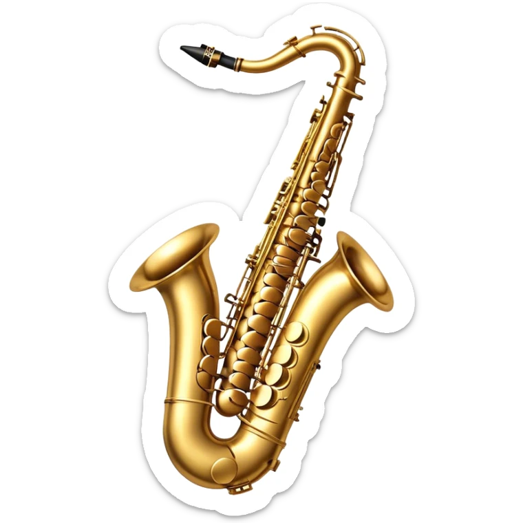 Cinematic Realistic Saxophone, smooth, curving brass body with a golden finish, soft reflections of warm light catching the details, a player’s fingers carefully pressing the keys, glowing with a jazzy, atmospheric charm. sticker