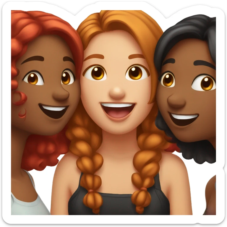 3 girls: one honey brown, black and red hair one making a kissy face, one giving a playful cheek kiss, and one smiling widely. Show a fun, happy vibe of friendship sticker