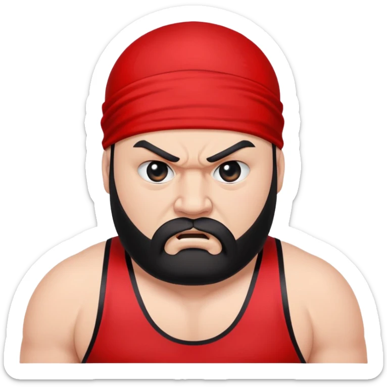 White skin fat guy with prominent black durag, black beard, black eyes in a red and black wrestling singlet with angry face sticker