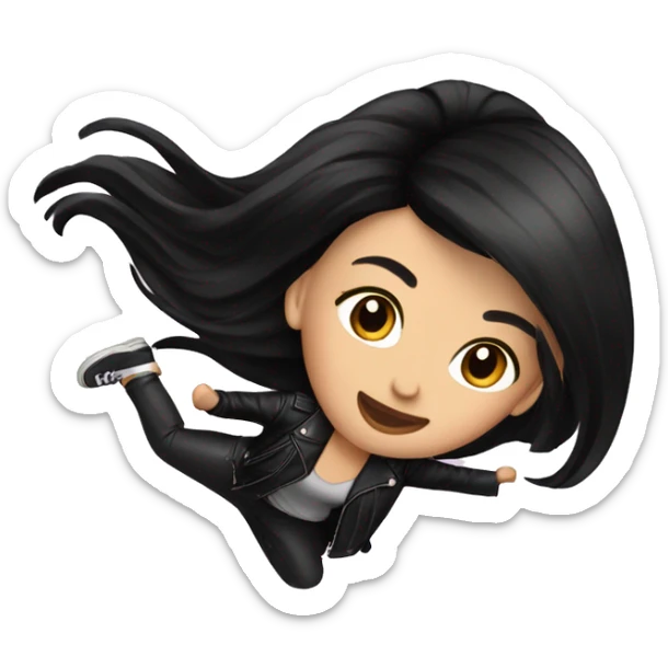 Beautiful girl with black hair and black leather jacket doing a hair flip sticker