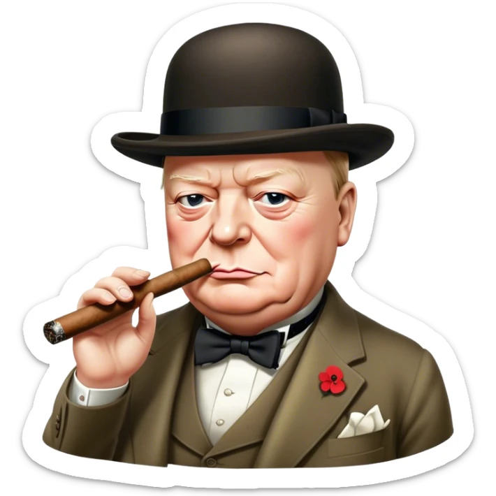 Cinematic Realistic Winston Churchill Portrait Emoji, depicted as a resolute British statesman with a signature bowler hat and a cigar, exuding determined leadership and wartime valor, rendered with lifelike textures and dramatic vintage lighting that captures his iconic British spirit. sticker
