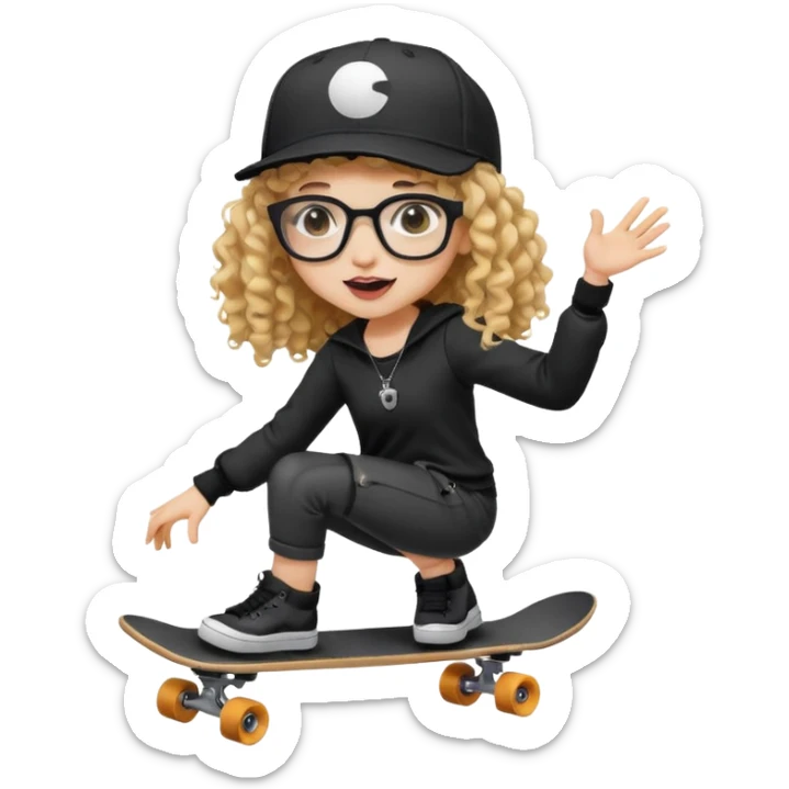 ["An excited girl with light skin, curly hair, wearing a baseball cap and square glasses, dressed in goth fashion, is skateboarding while holding a camera."] sticker