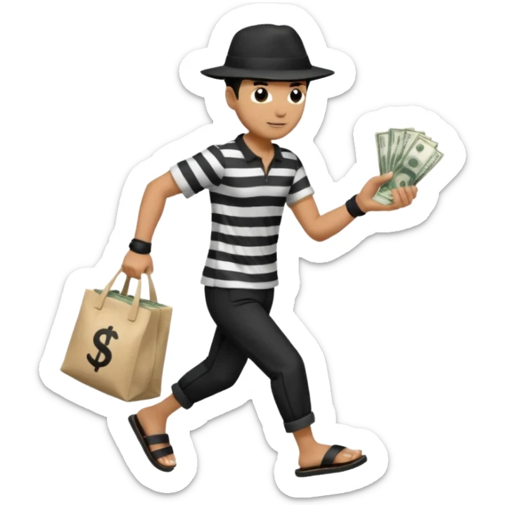 Make a man wear a black pant and he shirt is balck line and white line and wear a black hat and he holding a money bag and he running he wear a black eye thing no money in the Left hand and he yellow and the money bag in the right he wear a flip flop like this is Money bag 💰 NO MONEY sticker