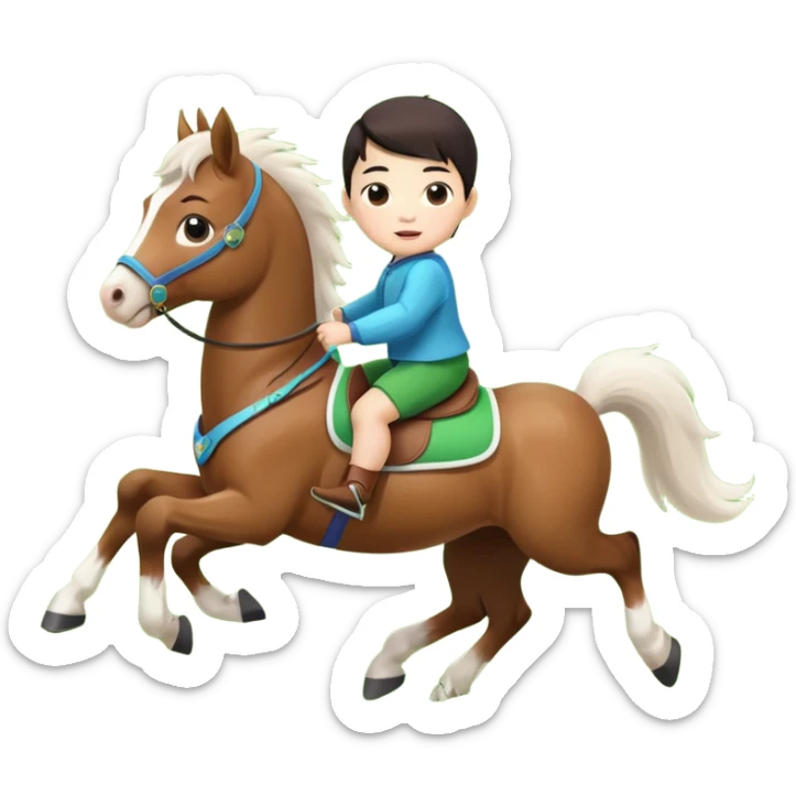 l little chinese baby riding on a  cute horse running really fast on the grass with 2026 year's label sticker