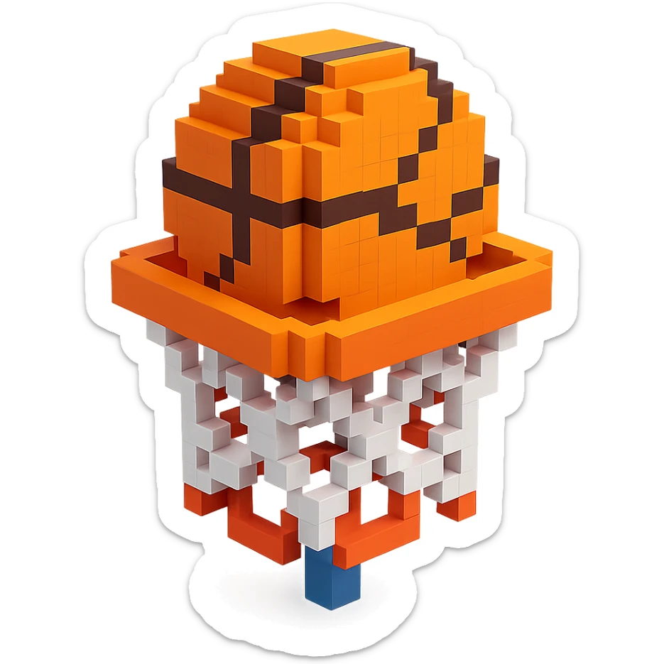 A voxel-style basketball in a net, no background. sticker