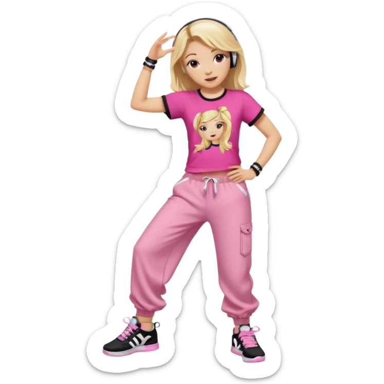 Hiphop dancer, with cute big pants, sneakers, and t-shirt. White girl blond. Coloufull shirt. No pocket pants. Dancing. No orange. Pink and black. No sweatband on the wrist, music box behind her sticker