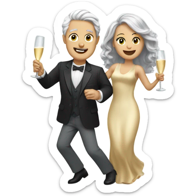 a boy with gray hair and a woman with long blond wavy hair dancing with a glass of champagne sticker