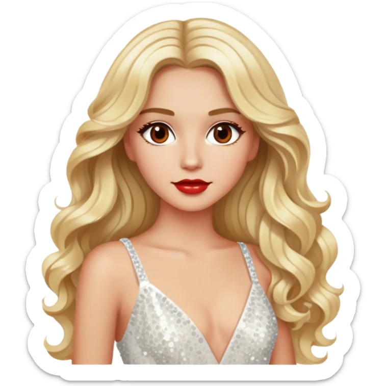 blonde model, brown eyes, long wavy hair, red carpet glam, white sequin gown sticker