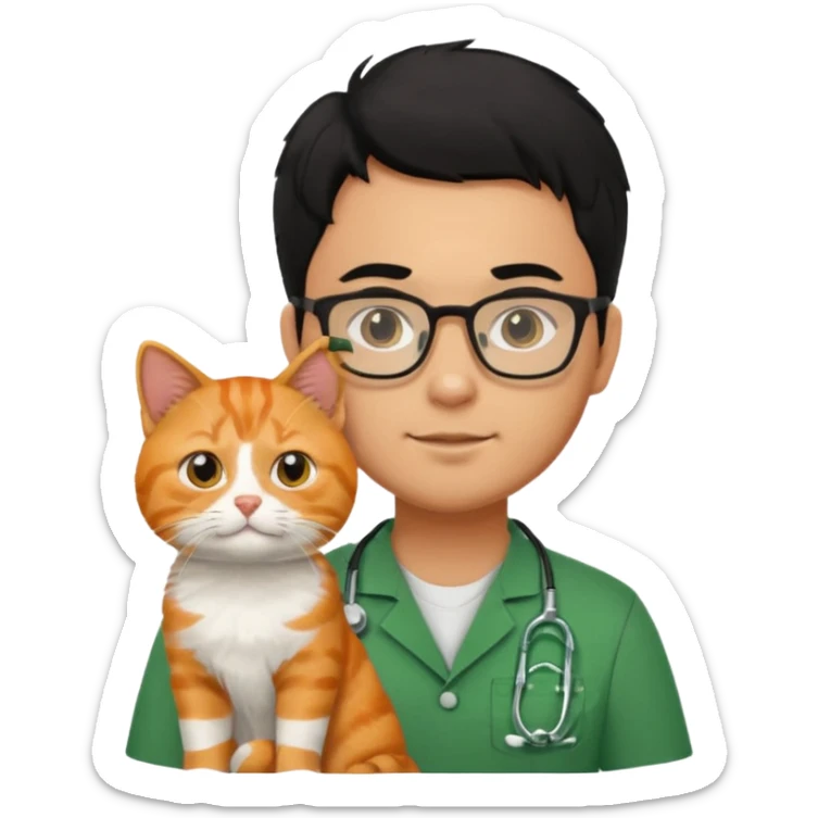 Veterinario hombre trigueño con lentes, con cabello negro, y con uniforme veterinario color verde cargando un gato naranja sticker