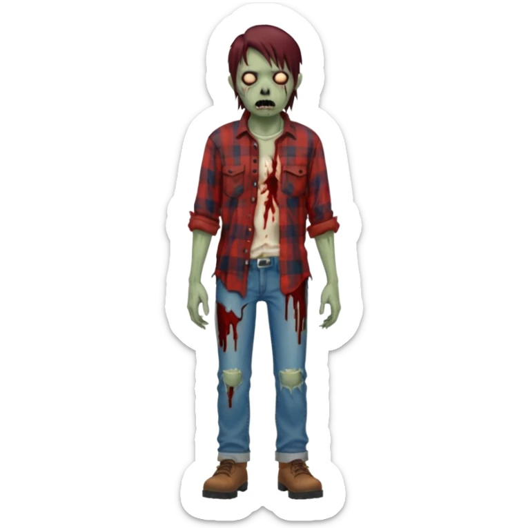 Local alaskan who has turned it zombies in the style of the walking dead, with rotting flesh and dripping blood but distinctively Alaskan. In the style of your bleeding skull art but Alaskan zombie. Full body sticker