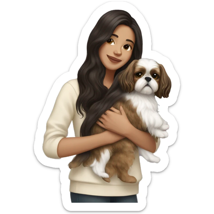 Young dark brunette hair woman with a golden shih tzu in her arms long wavy hair sticker