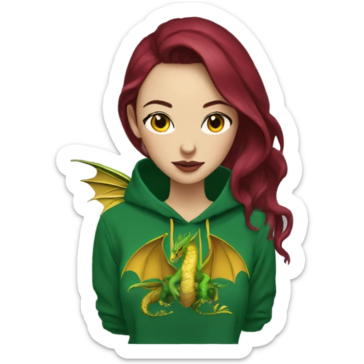 420 Lady with brunette and blue hair, hemp, gold, green dragon wings, maroon hoodie, 420, black and gold Nike t shirt, and bright red eyes sticker