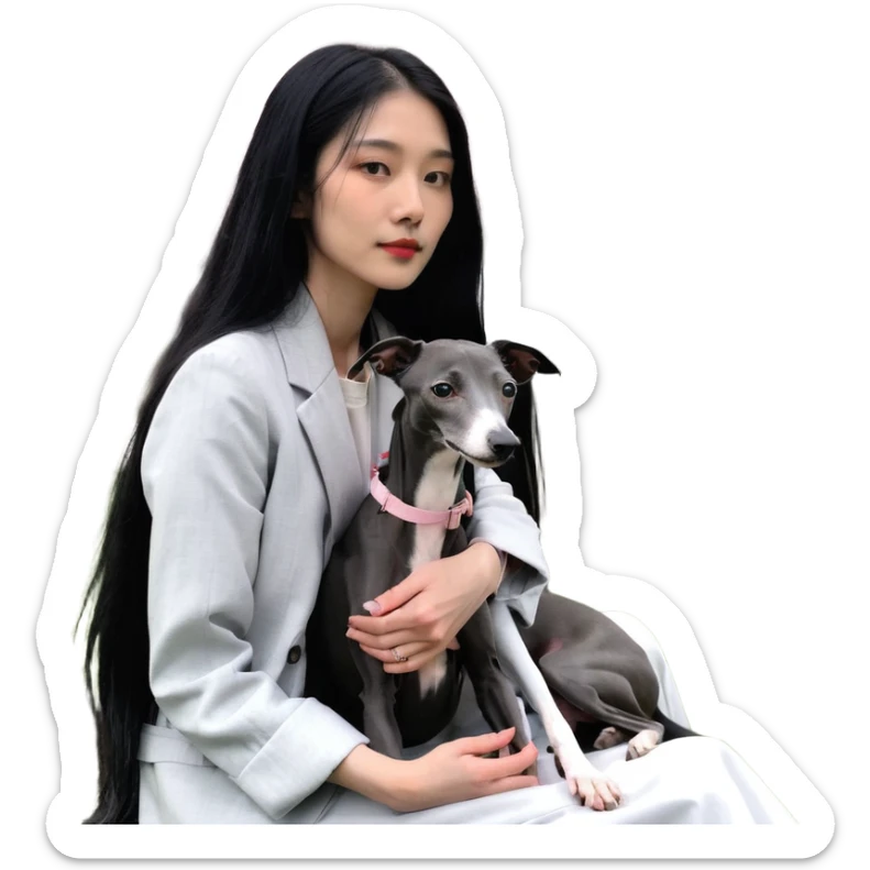 A very beautiful and attractive 25-year-old Chinese woman with long flowing black hair and a pure solid dark grey Italian Greyhound with ABSOLUTELY NO white markings anywhere on its body sitting under a cherry blossom tree. The dog must be completely solid dark grey with no white on chest, no white on muzzle, no white on paws - entirely one solid dark grey color. sticker
