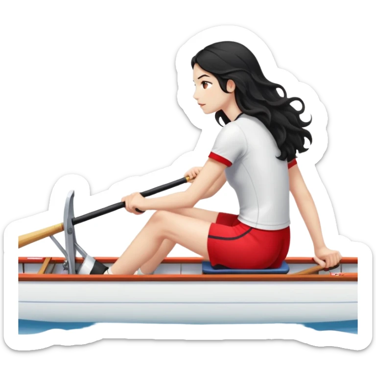 girl with long black wavy hair, white skin, wearing red shorts and white short-sleeve t-shirt, sitting in a long and thin racing boat suitable for Olympic rowing, rowing, boat and girl facing right in profile sticker