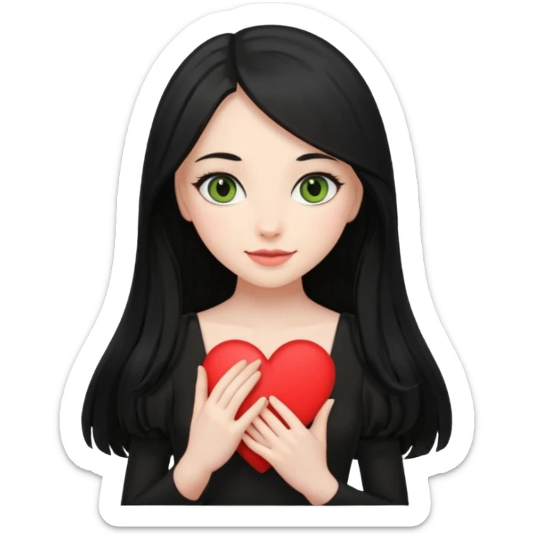 Pale girl with long black hair and olive green eyes soft smile wearing black dress and holding a heart sticker