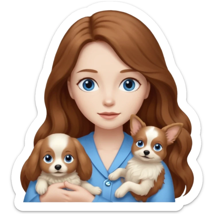 long hair chestnut color blue eyes woman holding small ivory dog sticker