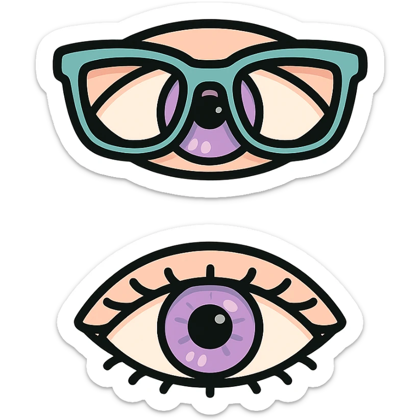 Two pairs of eyes with eyelashes on one canvas: one pair with glasses, the other without glasses. The shape and style of the eyes are anatomically realistic, almond-shaped, with detailed iris and eyelashes as in the reference. Maintain the icon-color-outlined style with vector look, shadows and highlights, thin clean contours, soft rounded features, pastel palette #98B5BC #B5B3C1 #C9A3C9 #E4C0CA #F7DCD1 #F7C0AA, Japanese pop-art, sticker style, transparent background. sticker