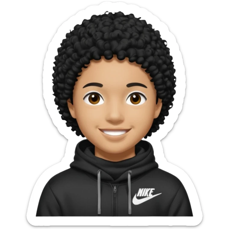 Blasian teenager wearing a hoodie with black curly hair and nike ski mask sticker