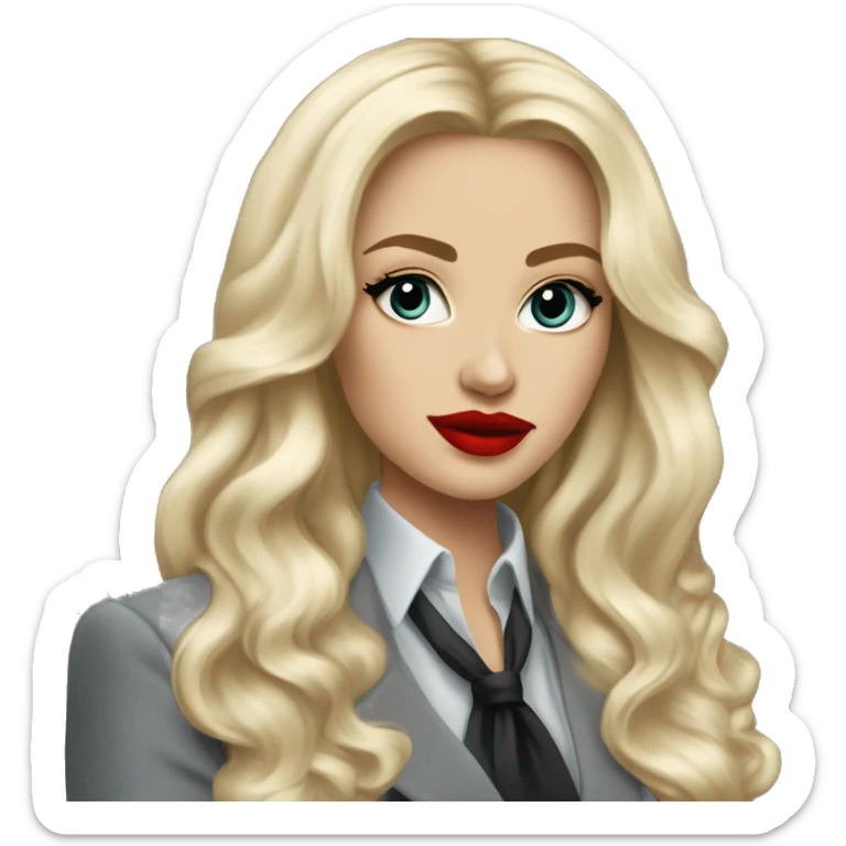 Russian Blonde long hair with big red lips small nose and black eyes Tiffany diamond seller in a grey suit sticker