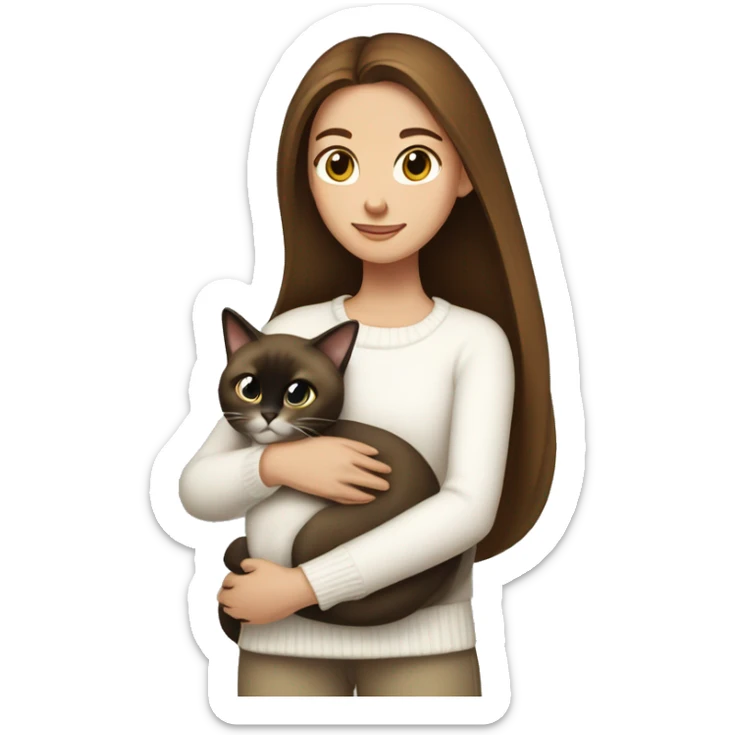 a girl with long brown hair, in a white sweater, hugs a Siamese cat. sticker