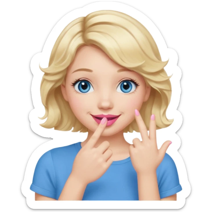 Girl Blonde short wavy hair,  blue eyes, cute blue top, long lashes, pink lips, smiling, hand covering the mouth sticker