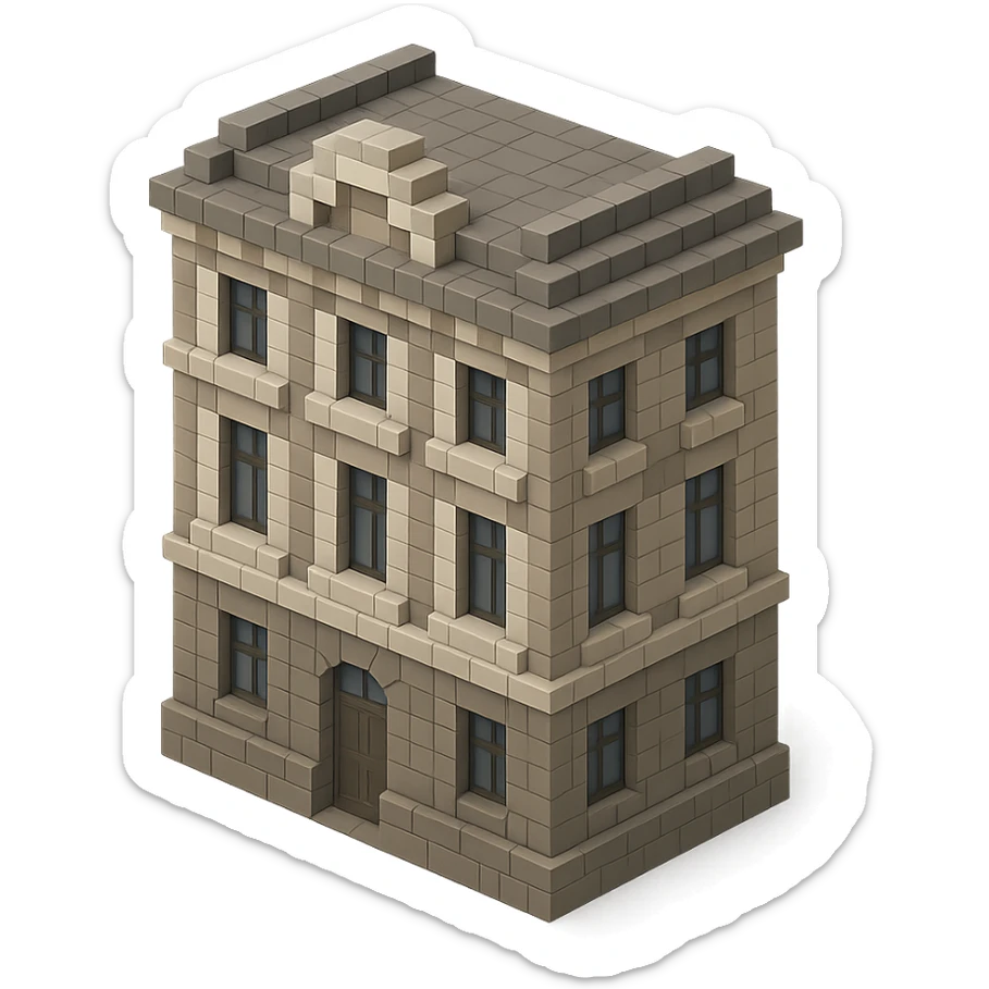 old Saint Petersburg building in voxel style, gray-brown tones, classic ornate facade, isometric view sticker