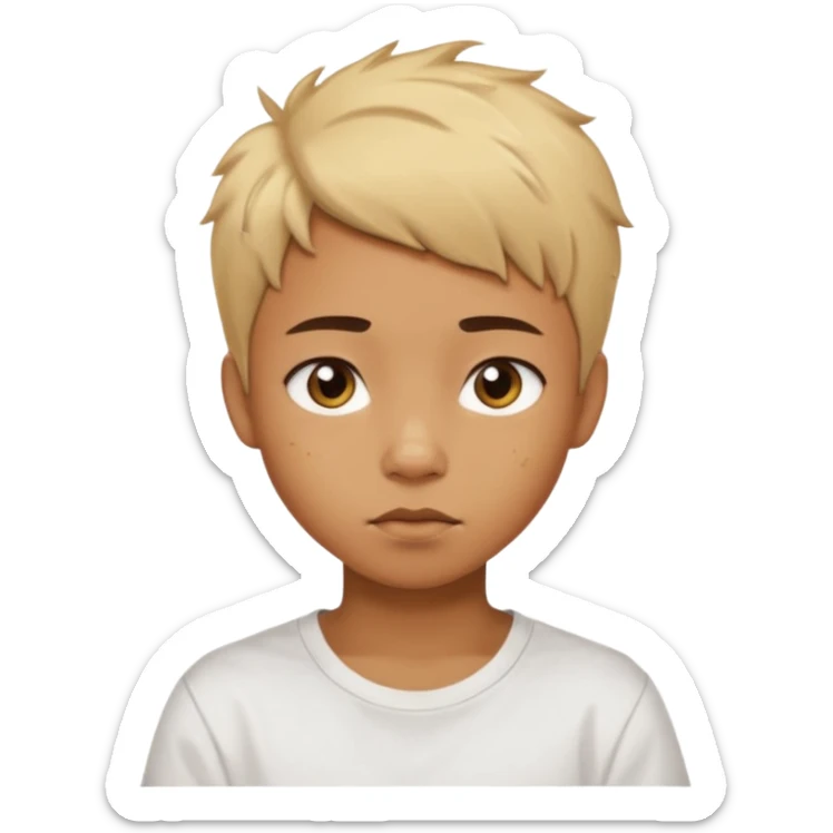 caramel skin color. Teen age. Short buzz, messy blonde hair, large expressive golden-brown eyes, brown skin color, scar over nose, wearing a plain white t-shirt. sticker