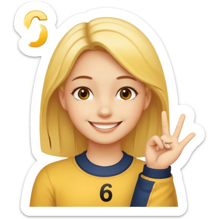 yellow smiling face girl with one hand flat under chin. With the number 6 on the left hand and the number 7 on the right hand sticker
