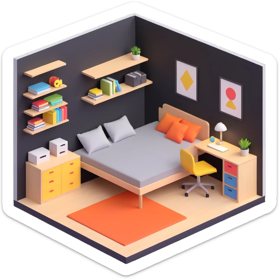 3D layout of teen bedroom with bed against wall, corner desk, and storage units sticker