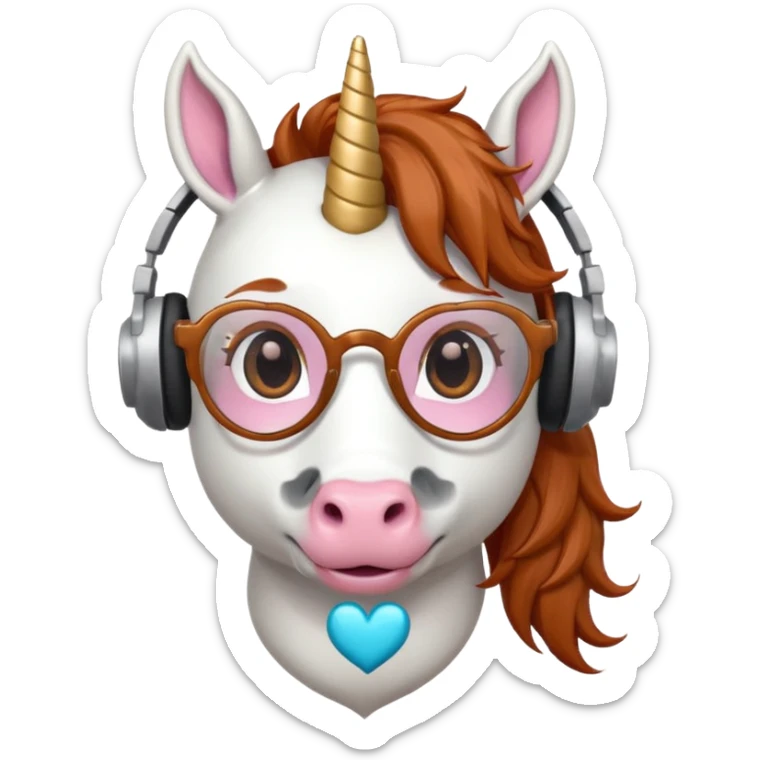 headphone wearing white unicorn with dark ginger hair and heart shaped spectacles sticker