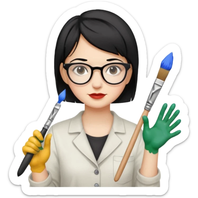 MUJER BLANCA, CABELLO CORTO COLOR NEGRO, USA LENTES Y ES PINTORA sticker