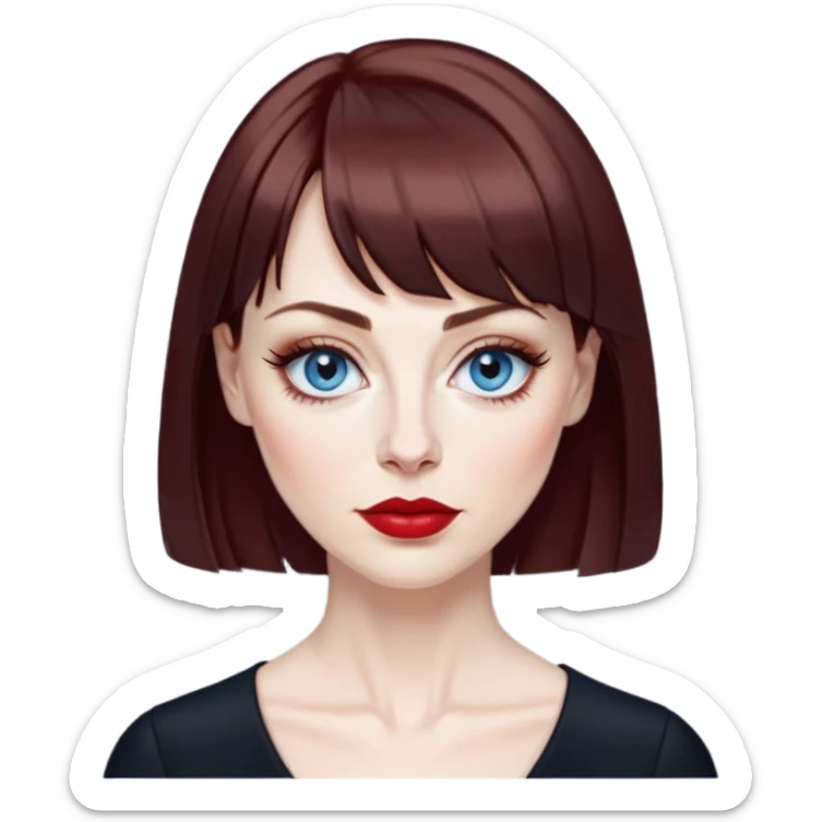 Woman in her late 40s with pale skin, wider face, blue eyes with eyeliner, thin eyebrows, small nose, red lipstick, dark auburn hair with bangs, wearing a black top sticker