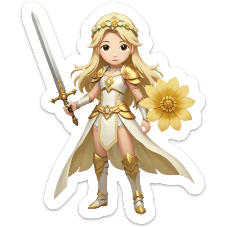 Lumine (from Genshin Impact) White and golden clothes, blonde, long-haired, with a big flower on side of head and with a sword (full body) sticker
