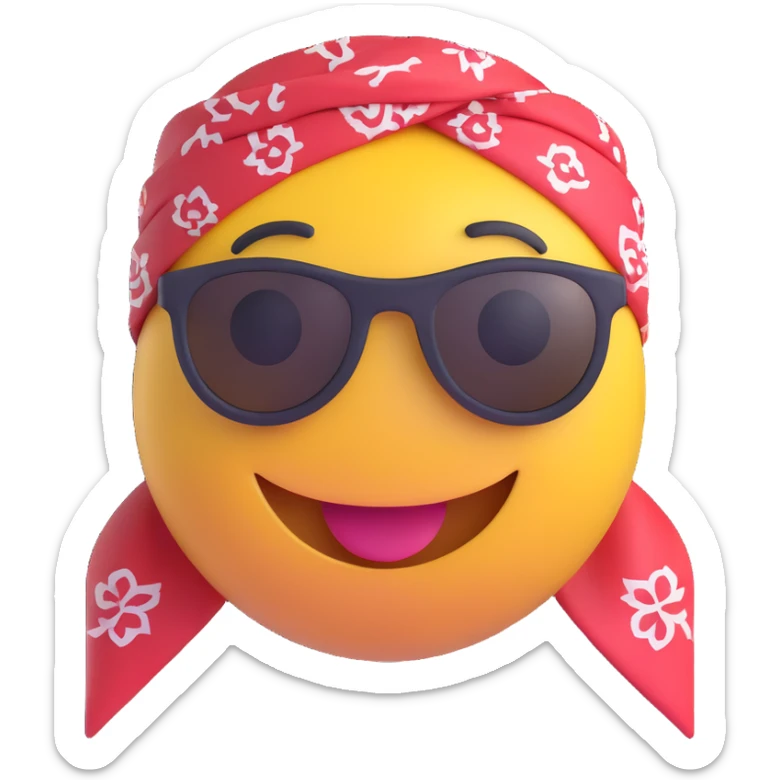 3D smiley emoji, round shape, motorcyclist with bandana: colorful bandana on head, sunglasses, smiling face sticker