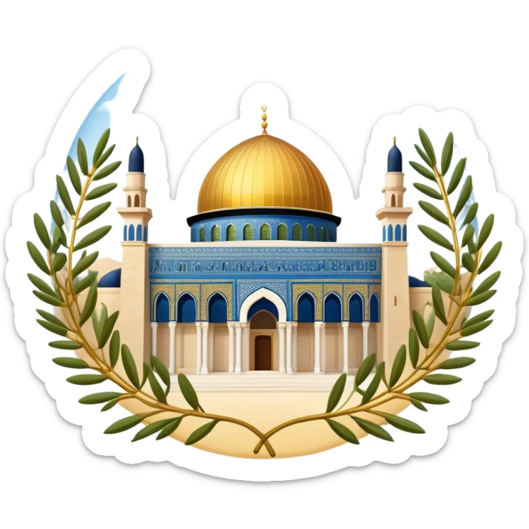 "A circular emoji-style icon of Al-Aqsa Mosque with golden dome, surrounded by olive branches, minimalist flat design, transparent background, happy style"
 sticker