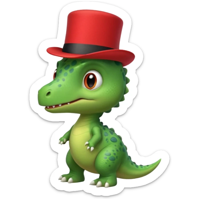 A side view of a very cute and adorable green anthropomorphic baby dinosaur with a red top hat sticker