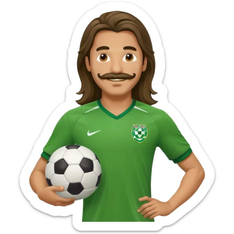 long hair man soccer player green jersey with mustache holding soccer ball sticker