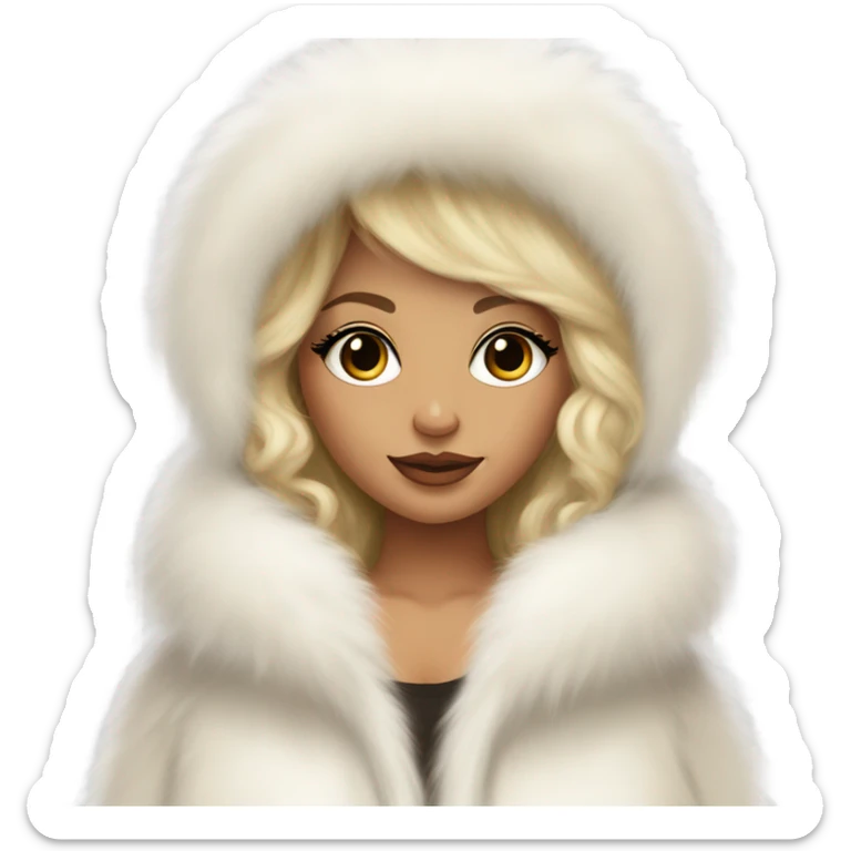 Tanned Girl with lashes , blonde hair, in an extremely big fluffy oversized white fur coat with hood on. The fur is real and it’s very obvious big and fluffy like in Pinterest  sticker