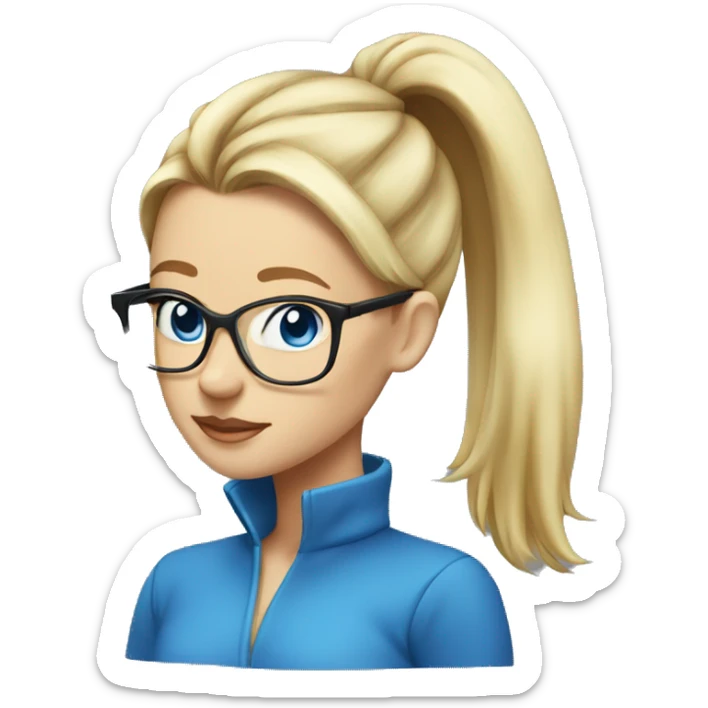  Blonde hair in a high pony tail on top of head, blue eyes, glasses, lady sticker
