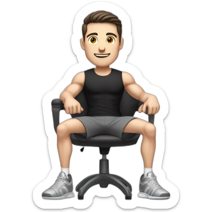 Pale skinned Fit Man With the biceps and dark brown hair in black shirt, gray sports shorts and white Sneakers Sitting on a chair sticker