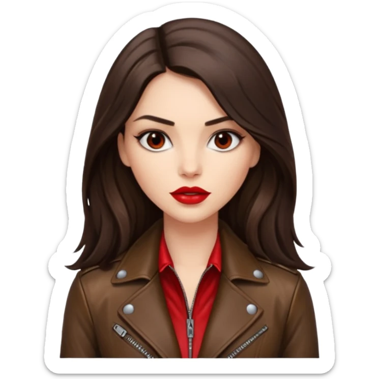 brunette with long hair in cuir jacket with red lips and very dark brown eyes sticker