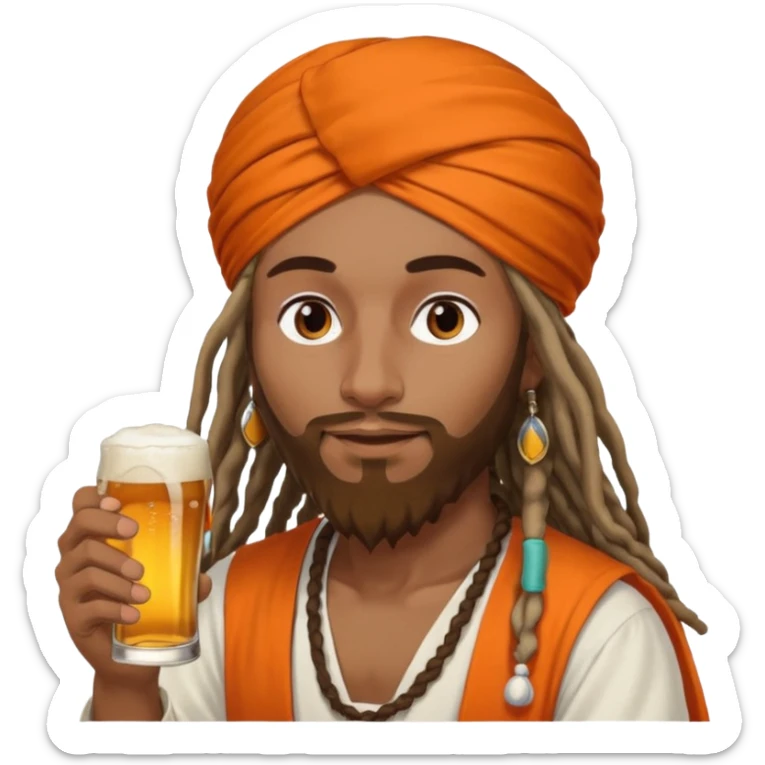 Brownskin man with long dreadlocks add a white turban on his head orange shirt drinking bear sticker